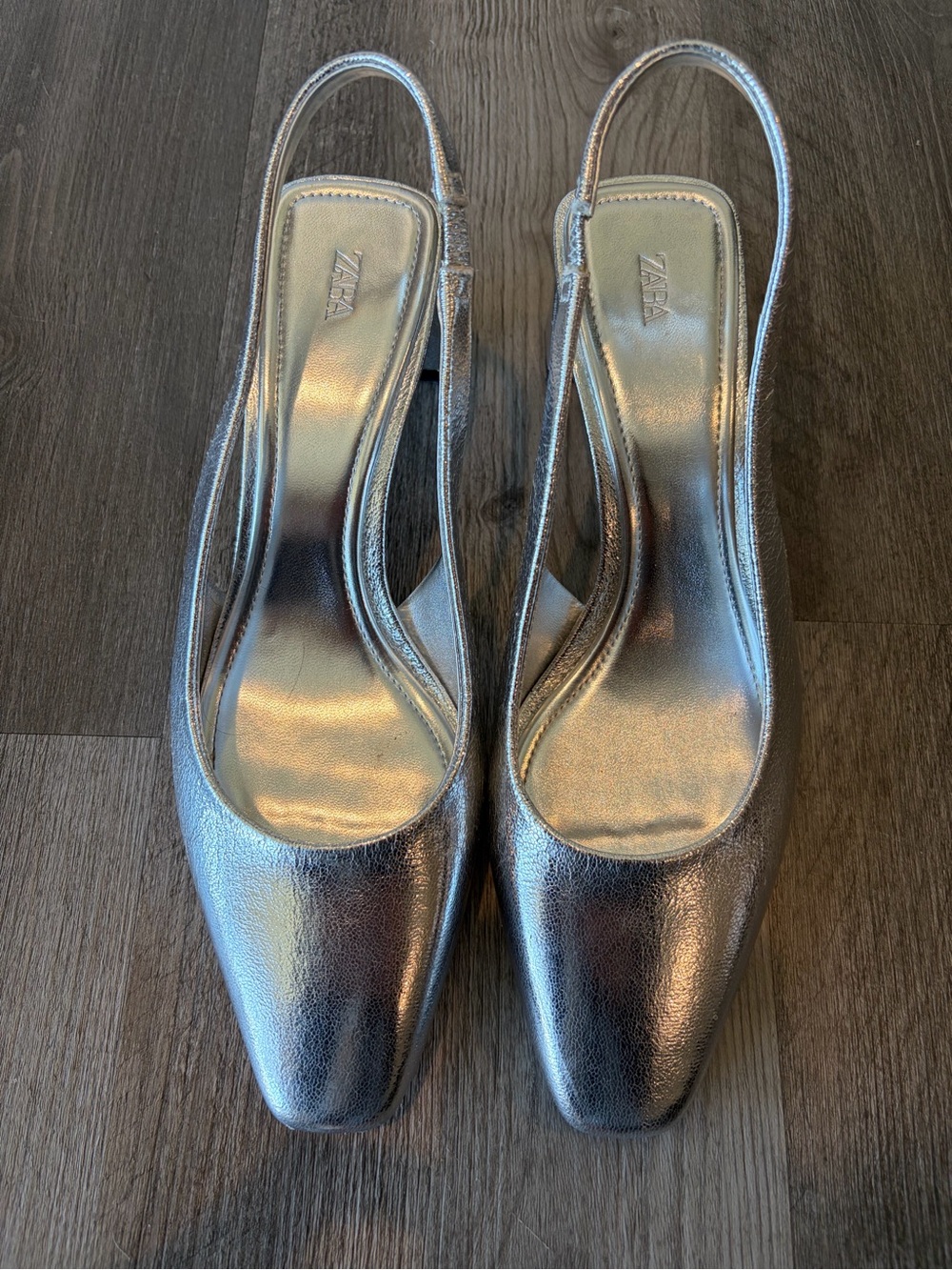 🩶 Zara Silver Metallic Slingback Block Heel Pumps  Size EU 39